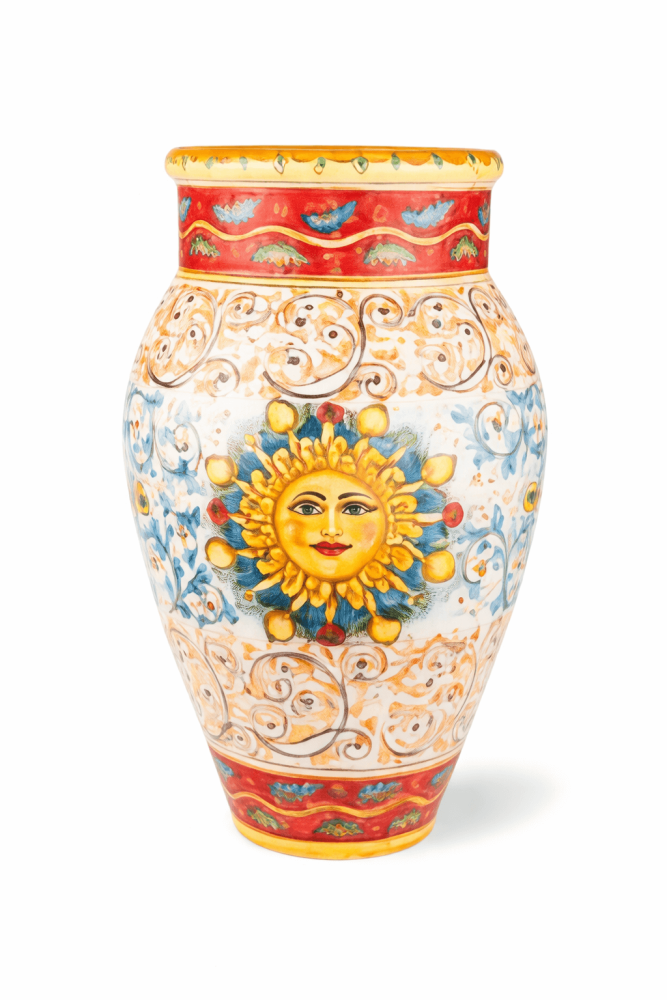 Vase de sol sicilienne peinte à la main – œuvre d’art en céramique méditerranéenne au motif solaire
